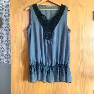 Sheer Grey with Black lace and detailing Women's top drop waist Sleeveless L